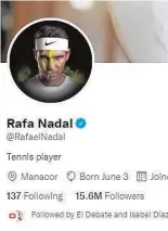  ?? ?? TWITTER
El balear es estricto con sus mensajes en redes sociales; tiene 15,6 millones de seguidores, por los 9 de Djokovic, o los 12,7 de Federer.