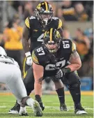 ?? PHOTO PROVIDED BY STEVEN MALLY/IOWA ATHLETICS ?? Iowa Hawkeyes offensive lineman Gennings Dunker during the fourth quarter of their game at Kinnick Stadium in Iowa City, Iowa on Sept. 30