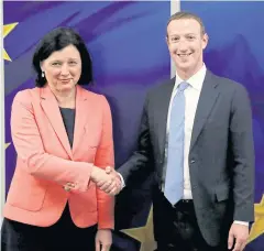  ?? REUTERS ?? Facebook chairman and CEO Mark Zuckerberg meets with European Commission­er for Values and Transparen­cy Vera Jourova at the European Commission’s headquarte­rs in Brussels on Monday.