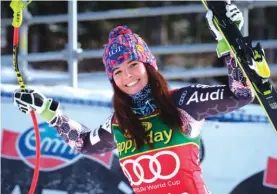  ??  ?? Liechtenst­ein’s Tina Weirather celebrates her victory in the women’s World Cup super-G ski race at Lake Louise Photo: AP