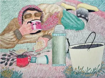  ??  ?? RIGHT
Untitled (Shooyoo taking a tea break while berry picking)
2010
Coloured pencil and ink 50.8 × 66 cm