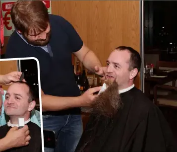  ??  ?? Shane O’Neill has his beard chopped off by Joe The Barber. Left: the finishing touches are applied, under the watchful eye of Shane’s dad Larry.