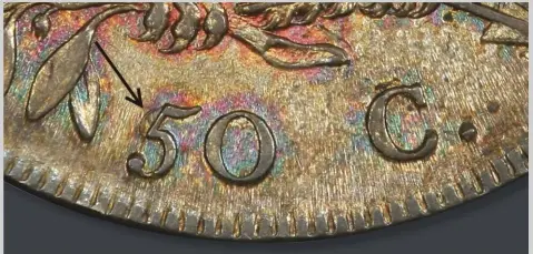  ?? PCGS ?? A close up view of the 1807 Large Stars 50/20 Overton 112 PCGS/CAC AU58, revealing where the error appears.