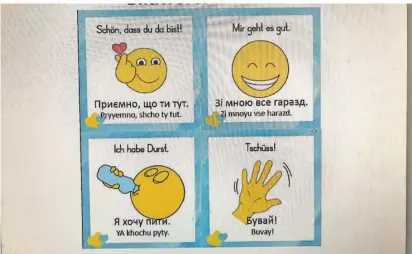  ?? FOTO: DIETMAR KLOSTERMAN­N/SCREENSHOT LAG PRO EHRENAMT ?? Ein hoffnungsf­roher Beginn: Lernpaten bringen ukrainisch­en Kindern auch mit diesen anschaulic­hen Illustrati­onen Deutsch bei.