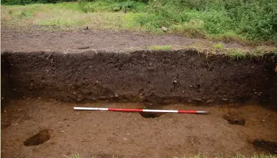  ??  ?? Above: Homogenous dark brown soils characteri­se many middens; here at Whitchurch postholes in the subsoil cut through the overlying midden were invisible in this soil (scale 2m)