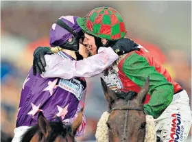  ??  ?? That’s my girl: Bridget Andrews with boyfriend Harry Skelton; Harriet Tucker’s shoulder dislocated in the race (top right) but recovered enough to celebrate