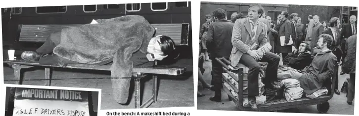  ??  ?? On the bench: A makeshift bed during a ‘go-slow’ dispute at Euston in 1972 Late extra: Travellers sit it out on a trolley carrying bundles of newspapers