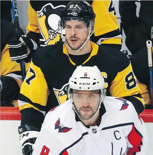 ?? — THE ASSOCIATED PRESS FILES ?? Between them, Pittsburgh’s Sidney Crosby and Washington’s Alex Ovechkin have won five Hart Trophies and each of the past three Conn Smythe trophies as most valuable player in the playoffs.