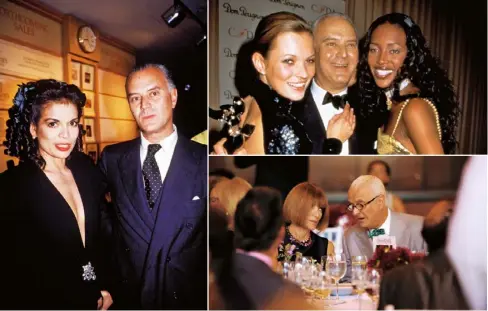  ??  ?? Clockwise from left: with Bianca Jagger in 1987; in New York with Kate Moss and Naomi Campbell in 1998; with American Vogue editor Anna Wintour