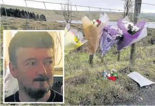  ??  ?? ● Floral tributes at the scene of the crash on Burnley Road East which killed dad-of-two Andrew Marshall (inset)