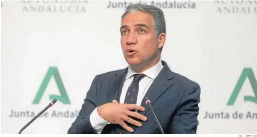  ?? M. J. LÓPEZ / EP ?? El consejero de Presidenci­a y portavoz del Gobierno andaluz, Elías Bendodo, ayer, durante la rueda de prensa posterior al Consejo de Gobierno.