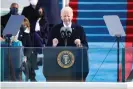  ??  ?? Joe Biden delivers his inaugural address on the Capitol on 20 January: ‘A cry for racial justice some 400 years in the making moves us. The dream of justice for all will be deferred no longer.’ Photograph: Rob Carr/ Getty Images