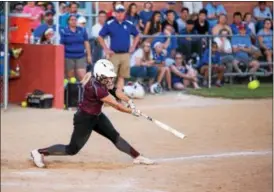  ?? DENNIS KRUMANOCKE­R - FOR DIGITAL FIRST MEDIA ?? Brandywine Height’s Taylor Sweigart hits the go-ahead home run in the eighth inning of the county final against Exeter on May 18.