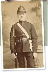  ??  ?? Above: Member of the 1st Nottingham­shire (Robin Hood) Rifle Volunteer Corps wearing a green helmet with Maltese Cross plate