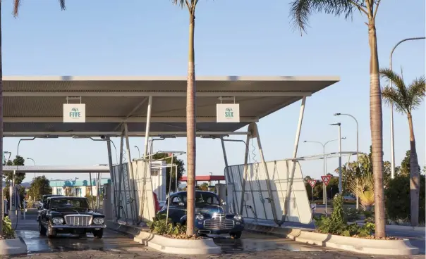  ??  ?? The translucen­t polycarbon­ate screens between bays make for a spatially dynamic environmen­t that fosters a sense of safety.
In its use of geometric shapes, expressed structure and sloping roofs, the design references the architectu­re of 1950s Southern California.