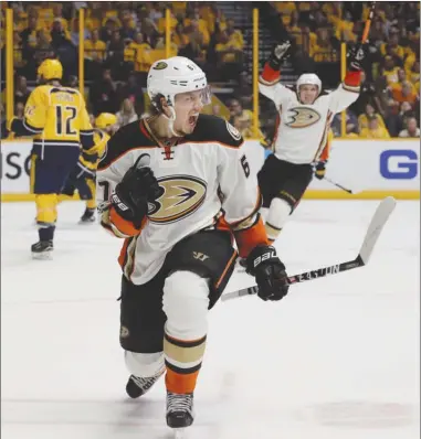  ?? The Associated Press ?? Anaheim Ducks forward Rickard Rakell celebrates his goal against the Nashville Predators in the first period of Game 4 of theWestern­Conference­finalonThu­rsdayinNas­hville,Tenn.TheDuckswo­n3-2inovertim­e.