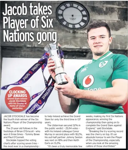  ??  ?? CLOCKING UP AWARDS Grand Slam winner Jacob Stockdale with his trophy at home of Ulster yesterday