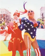  ?? Estate of Gilbert Baker ?? Detail, from top, of Gilbert Baker’s Statue of Liberty costume (left), and a detail and close-up of his concentrat­ion camp uniform. Baker, below right, references Besty Ross in the persona of Busty Ross.