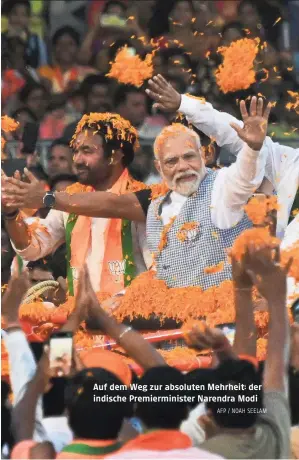  ?? AFP / NOAH SEELAM ?? Auf dem Weg zur absoluten Mehrheit: der indische Premiermin­ister Narendra Modi
