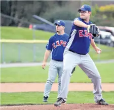  ?? BERND FRANKE/POSTMEDIA NEWS ?? Kevin Nevin, shown warming up in this file photo, is one of the four players, three of them pitchers, selected to represent the defending playoff champion Niagara Falls Expos in the senior men's baseball all-star game Saturday at Welland Stadium.