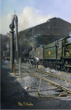  ?? PHILIP HAWKINS G.R.A. ?? Then… and hopefully again. A splendid oil on canvas depiction of a commendabl­y clean No. 7027 stables at Wolverhamp­ton Stafford Road shed having hauled an express from Paddington sometime in the late 1950s. Signed limited edition prints are available from https://bit. ly/2IVucJF