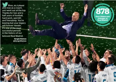  ?? — Getty Images ?? Zinedine Zidane, who is thrown in the air by his players during celebratio­ns of the Uefa Champions League final, has quit as the Real Madrid manager on Thursday.