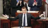  ?? PABLO MARTINEZ MONSIVAI - THE ASSOCIATED PRESS ?? French President Emmanuel Macron gestures as he is introduced before speaking to a joint meeting of Congress on Capitol Hill in Washington, Wednesday, April 25, 2018.