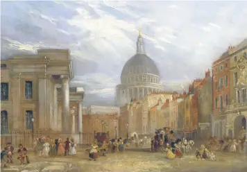  ?? ?? Forgotten quarter: an 1835 view of St Paul’s by George Shepherd, above; top right, the December 29 1940 raid that flattened the area