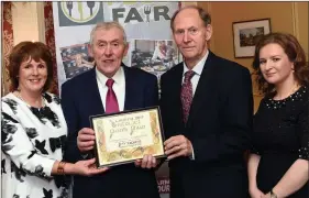  ?? Photo by Don MacMonagle ?? Jim and Marie O’Brien, O’Brien Meats, Ballyhahil­l, pictured receiving thier award for thier Greek Style Feta Cheese in the Marinated and Smoked Category from Tom Mulvihill, Ornua and Collette O’Connor, Listowel Food Fair.