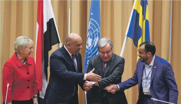  ?? AFP ?? Yemen’s Foreign Minister Khaled Al Yamani, second left, and rebel negotiator Mohammed Abdelsalam, far right, shake hands with United Nations Secretary General Antonio Guterres as Sweden’s Minister for Foreign Affairs, Margot Wallstrom, left, looks on. The peace talks ended in Stockholm on Thursday