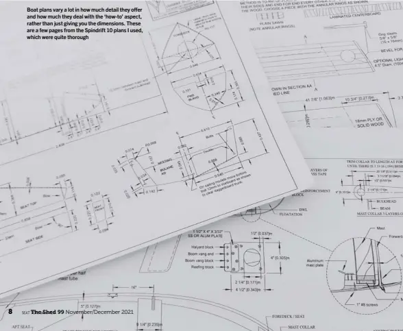  ?? ?? Boat plans vary a lot in how much detail they offer and how much they deal with the ‘how-to’ aspect, rather than just giving you the dimensions. These are a few pages from the Spindrift 10 plans I used, which were quite thorough