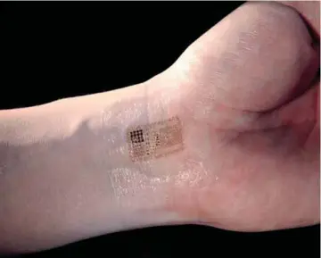  ??  ?? Electronic patch which bends, wrinkles and stretches like skin, can contain electronic components for sensing, communicat­ion and relaying informatio­n from the body to a machine (Image courtesy: www.smartplane­t.com)