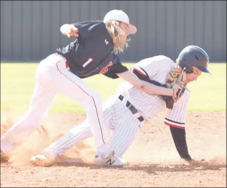  ?? RICK PECK/SPECIAL TO MCDONALD COUNTY PRESS ?? McDonald County outfielder Levi Malone steals second base during the Mustangs 12-6 win over West Plains on April 3 at McDonald County High School.