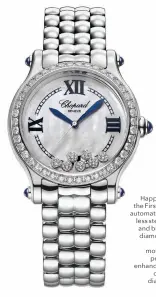  ??  ?? Happy Sport the First 33mm automatic stainless steel case and bracelet, diamond-set
bezel, mother-of
pearl dial enhanced with
dancing diamonds