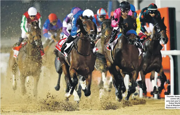  ??  ?? Thunder Snow, centre left, wins last year’s Dubai World Cup at Meydan Racecourse