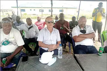  ??  ?? Super Eagles coach Gernot Rohr ( middle), former Nigerian striker Victor Agali and Proprietor of AS Racine Football Academy, Emmanuel Ibru ( right) at the Victor Agali/ AS Racine U- 17 football scouting tournament in Agbara, Ughelli, Delta State