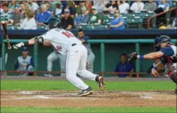  ??  ?? Austin Dennis extends his ten game hitting streak to eleven games on at Joe L. Bruno Stadium against the Brooklyn Cyclones.