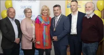  ??  ?? Kevin Ryan, Electric Ireland; Pauline Lawlor, Pieta House; Maria Nolan, Enniscorth­y Darkness Into Light chairperso­n; Cllr George Lawlor, Peter Hurley, Pieta House and Tom Boland, Enniscorth­y