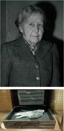  ??  ?? LEFT: Margaret Murray, who offered up the theory that Bella had been killed in a Black Magic ritual. BELOW: Murray suggested that Bella’s hand had been severed in order to make a Hand of Glory, like the one on display in Whitby Museum. BOTTOM: Donald...