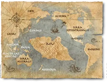  ??  ?? EL CONTINENTE HUNDIDO DE MU. El mapa reproduce la supuesta ubicación de este mundo desapareci­do, primo hermano de la Atlántida, que el coronel James Churchward situó en medio del océano Pacífico y al que atribuyó 50.000 años de antigüedad.
