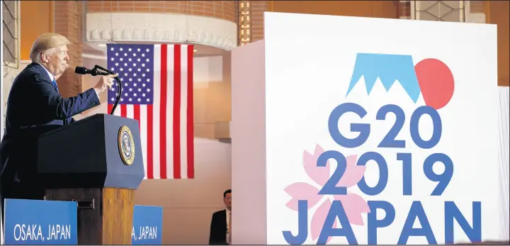  ?? JACQUELYN MARTIN/AP ?? President Donald Trump speaks during a June 29 news conference in Osaka, Japan, after attending the G-20 summit.