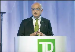  ?? The Canadian Press ?? Toronto-Dominion Bank chief executive Bharat Masrani speaks at their annual general meeting in Toronto.