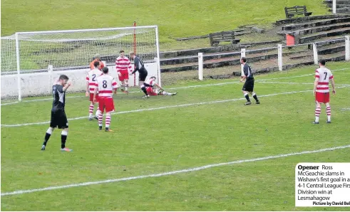  ??  ?? Opener Ross Mcgeachie slams in Wishaw’s first goal in a 4-1 Central League First Division win at Lesmahagow
Picture by David Bell