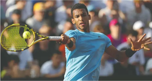  ?? PAOLO BRUNO/GETTY IMAGES ?? Canadian Félix Auger-Aliassime plays a forehand in his men's singles second-round match against Alejandro Davidovich Fokina of Spain on Tuesday during Day 3 of the Italian Open in Rome.