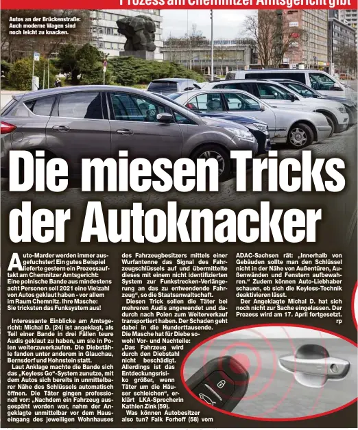  ?? ?? Autos an der Brückenstr­aße: Auch moderne Wagen sind noch leicht zu knacken.