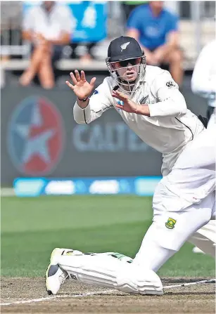  ??  ?? Tom Latham takes the wicket of Faf du Plessis at Seddon Park yesterday.