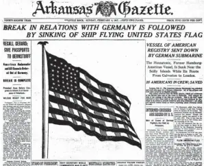  ??  ?? Reporting that President Woodrow Wilson had severed ties with Germany and a German submarine had sunk an American merchant ship, the Housatonic, the Arkansas Gazette filled a huge chunk of its front page with the American flag on Feb. 4, 1917.