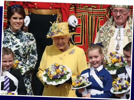  ??  ?? Enjoying every moment: The Queen with granddaugh­ter Eugenie (left) at yesterday’s Royal Maundy service