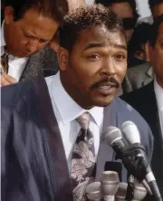  ?? DAVID CRANE – SOUTHERN CALIFORNIA NEWS GROUP ?? Rodney King calls for an end to the violence May 1, 1992: “People, I just want to say, you know, can we all get along?” King, who struggled with substance abuse, died at 47 on June 17, 2012. He was found in his swimming pool. The autopsy showed that an “alcohol and druginduce­d delirium” led to his drowning. His death was ruled
both accidental and self-inflicted