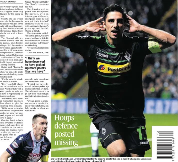  ??  ?? Hoops defence posted missing ON TARGET: Gladbach’s Lars Stindl celebrates the opening goal for his side in the 2-0 Champions League win against Celtic at Parkhead last night. Report – Pages 58, 59